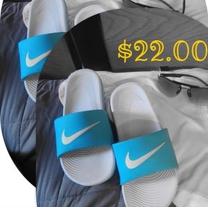 Teal -yellow Nike Slides